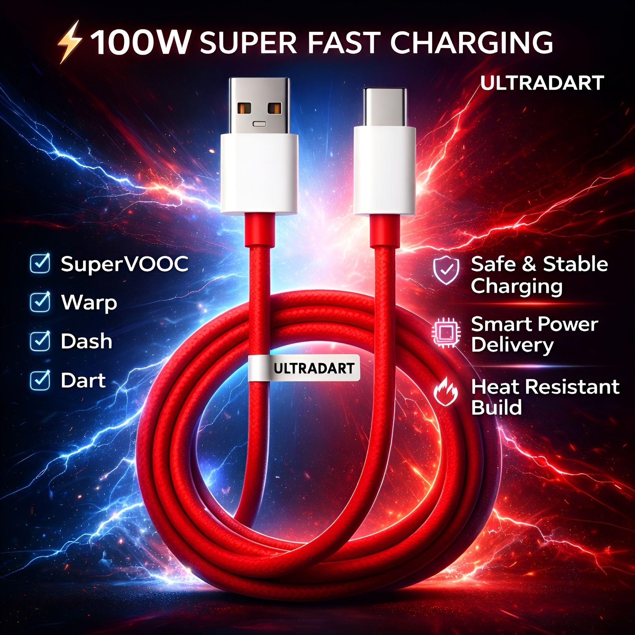 ULTRADART USB Type C Cable 1 m original 100W/80W USB-C ,VOOC, SUPERVOOC, SuperDart, WARP Supported | OnePlus/Oppo/Realme/Nothing/Samsung Compatible – Red-image-17