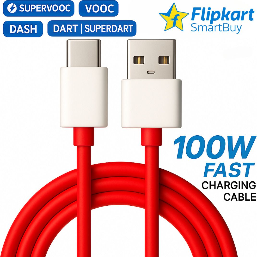 Flipkart SmartBuy USB Type C Cable 10 A 1 m 100W supervooc cable 80W supervooc cable 65W supervooc cable 33w supervooc cable 30W SUPERVOOC Dash Data Cable Wire For 80W Cahrger Cable / 100w data cable Compatible with oneplus OnePlus 12/OnePlus 12r /OnePlus 11/OnePlus 11R/OnePlus 10 Pro/OnePlus 10R/OnePlus 9R/ OnePlus 8 / OnePlus 8T / Oneplus 7 / OnePlus 7T / Oneplus 6