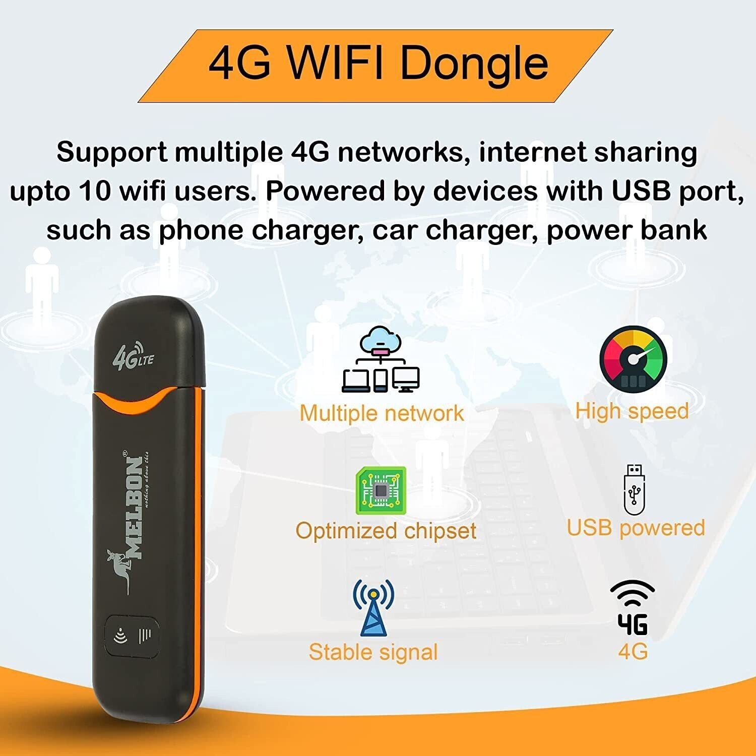 Melbon 4G Speed LTE WiFi USB Dongle Stick with All SIM Network Support Data Card