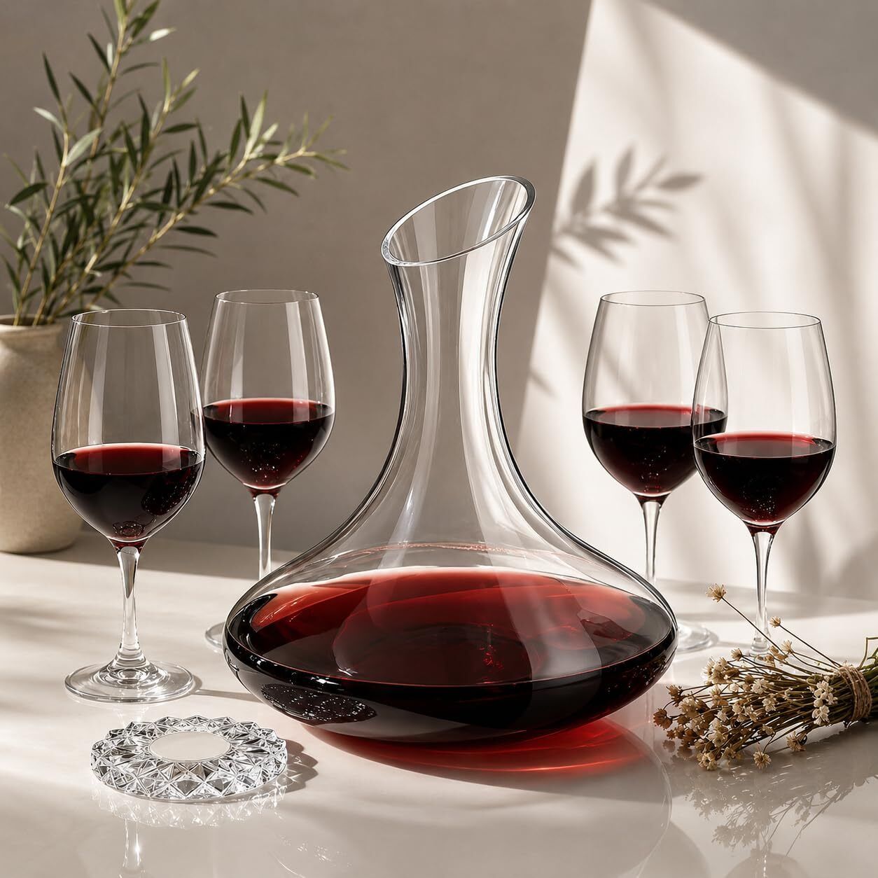 Italian Premium Crystal Clear Wine Decanter Set, 1800 ml, with 4 Wine Glasses Wine Lovers & Enthusiasts, Home Bars & Dining Tables, Red & White Wine Serving Decanter-image-2