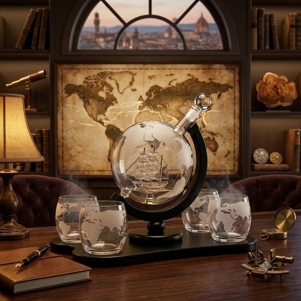 Luxury World Globe Glass Decanter Set with 4 Etched Glasses | Decanter-image-2