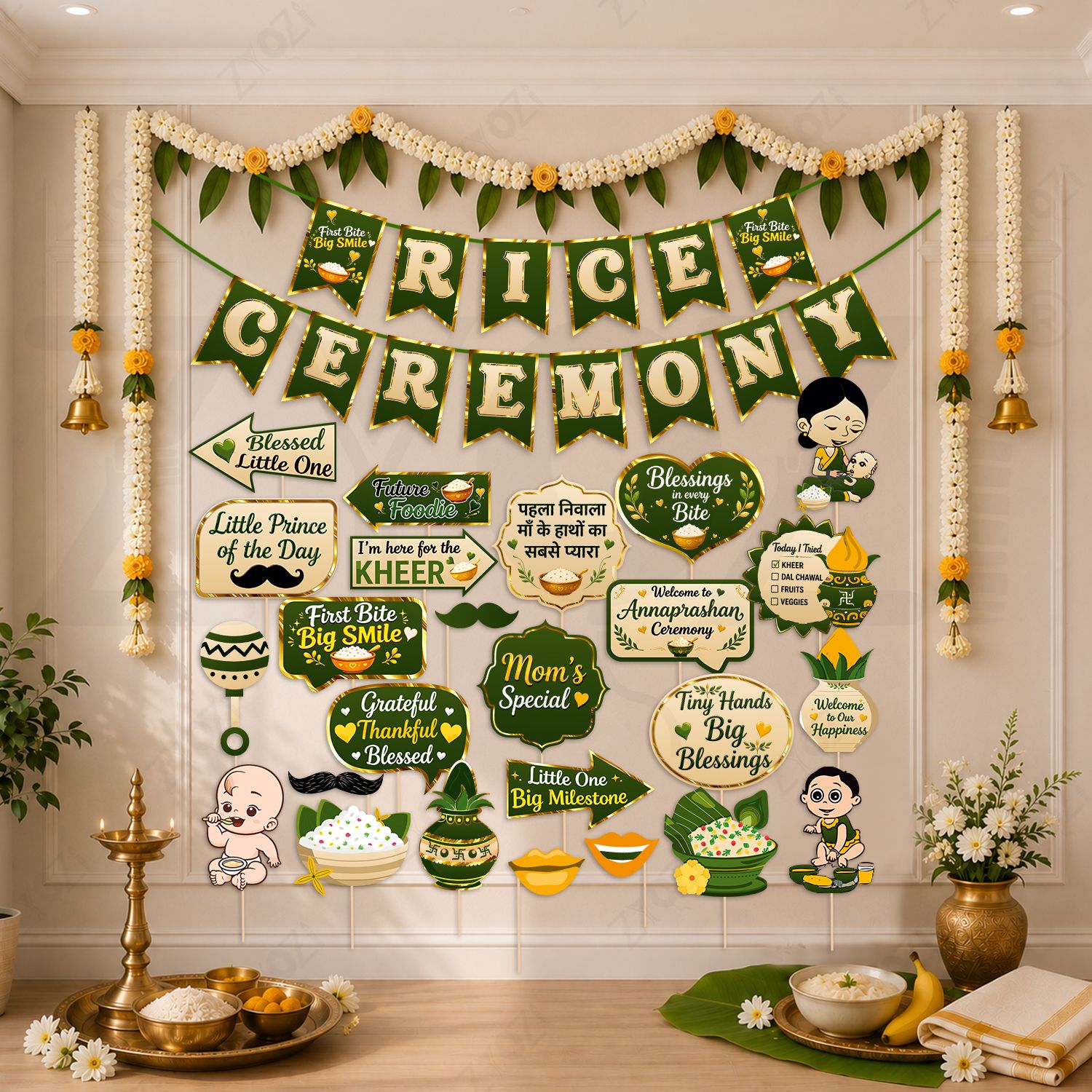 zyozi Green, Gold Annaprashan Photobooth Props, Rice Ceremony Party Decorations For Baby (31 Pcs)-picture-5