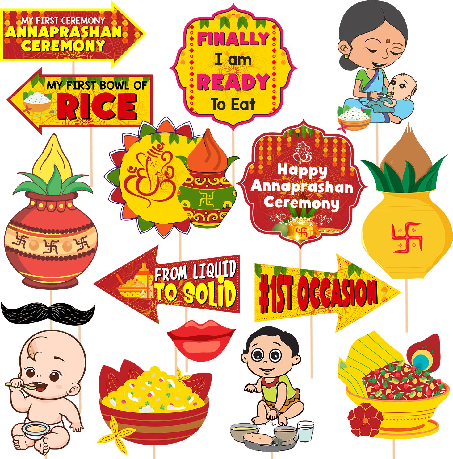 Yellow & Red 16 Pcs Rice Ceremony Photo Booth Props/Annaprashan Decoration Items-image-18