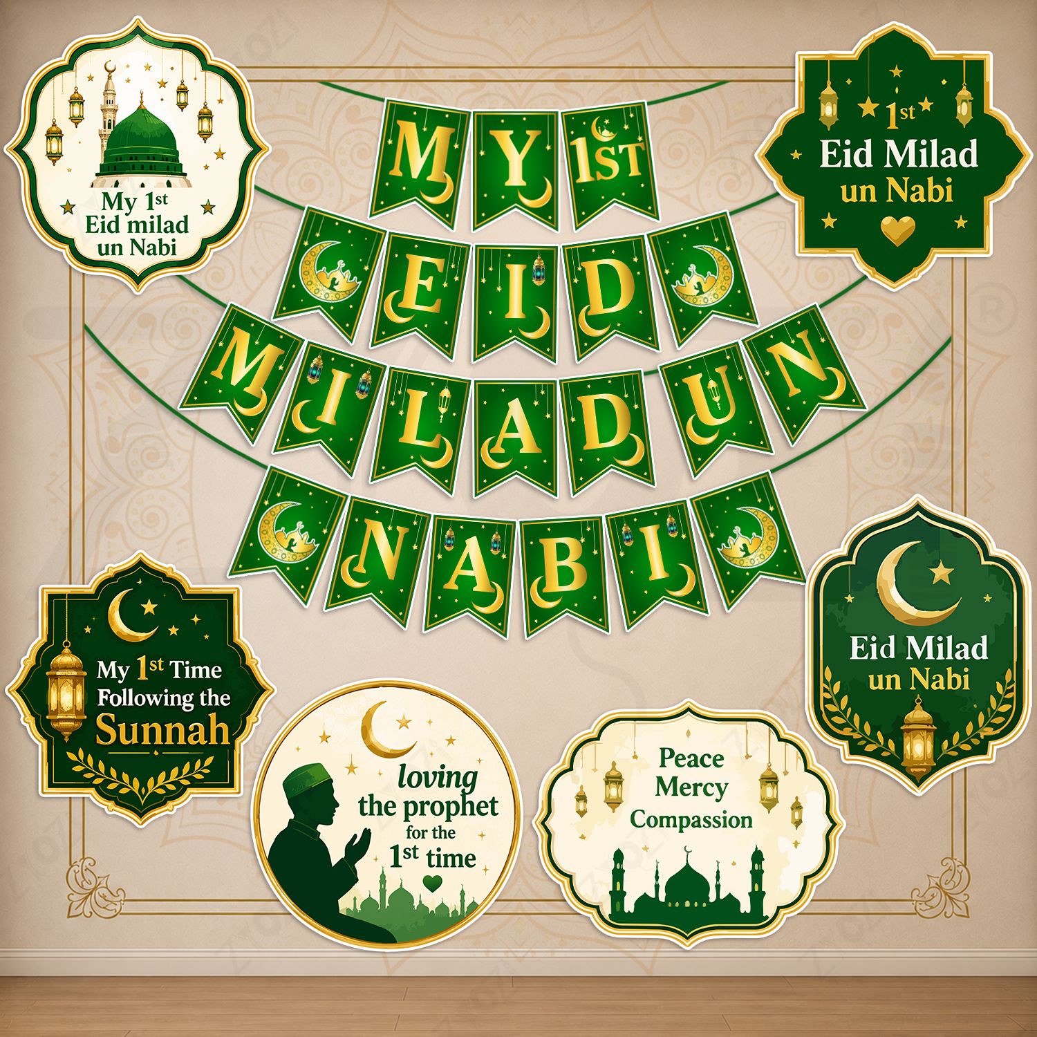 Green, Gold 9 Pcs My 1st Eid Milad Un Nabi Decorations Kit Banner, Cutouts For Home, School-image-48