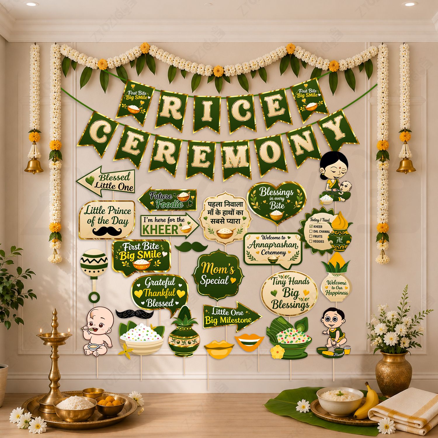 zyozique Green, Gold Annaprashan Photobooth Props, Rice Ceremony Party Decorations For Baby (31 Pcs)-picture-11