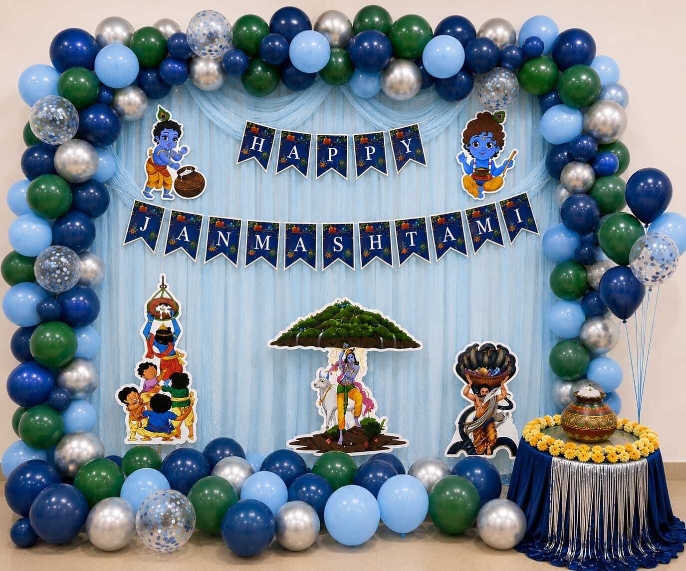 sanwarakreation Blue, Dark Blue, Green, Silver Happy Janmashtami Decoration Kit with Blue Curtain & Krishna Cutouts-picture-28