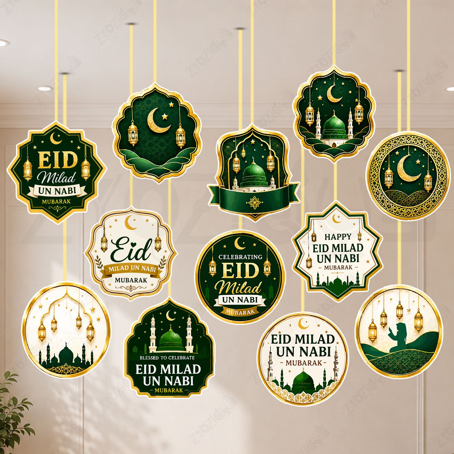 zyozique Green, Gold 12 Pcs Eid Milad Un Nabi Ceiling Hanging Decorations Ceiling Hanging with Ribbon-picture-23