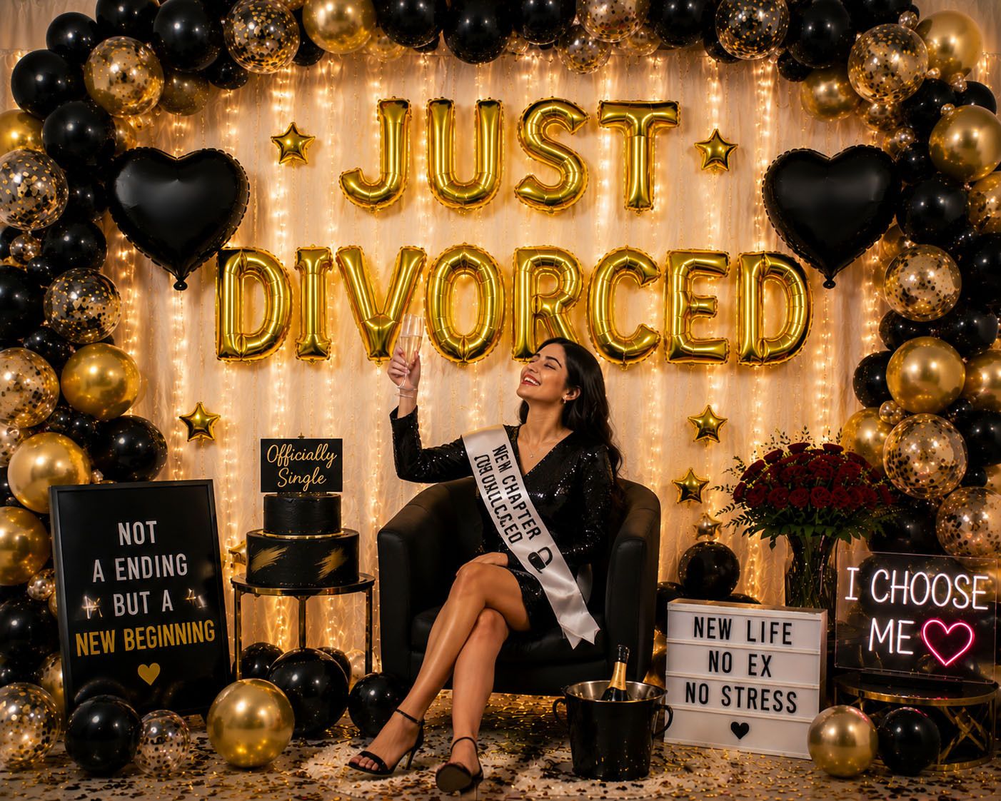 dinipropz Multicolor Just Divorced Gold Mylar Balloons Kit with Black Gold Party Decoration Set-picture-16