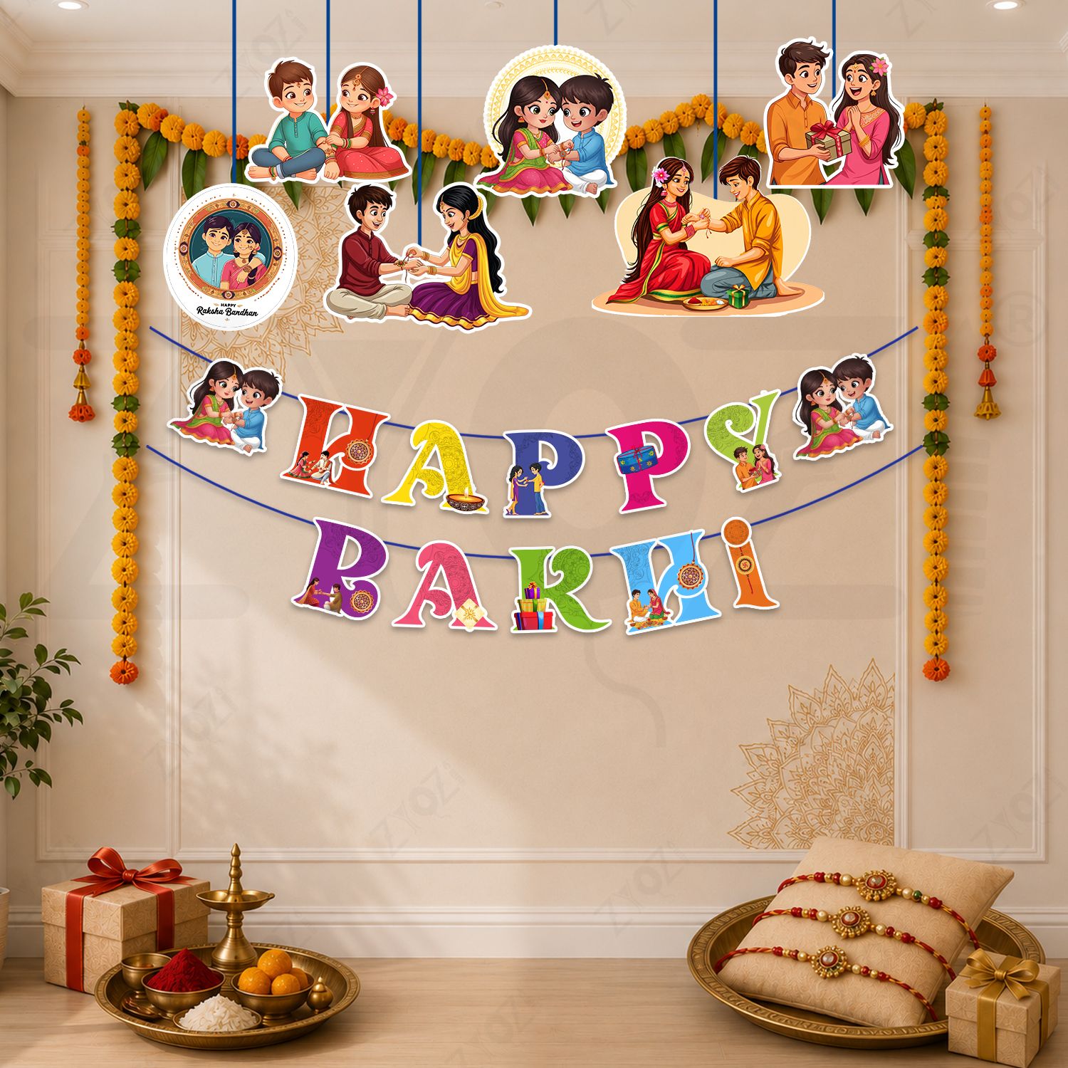zyozi Multicolor Happy Rakhi Decoration Kit | Raksha Bandhan Banner with Ceiling Hangings (8 Pcs)-picture-4
