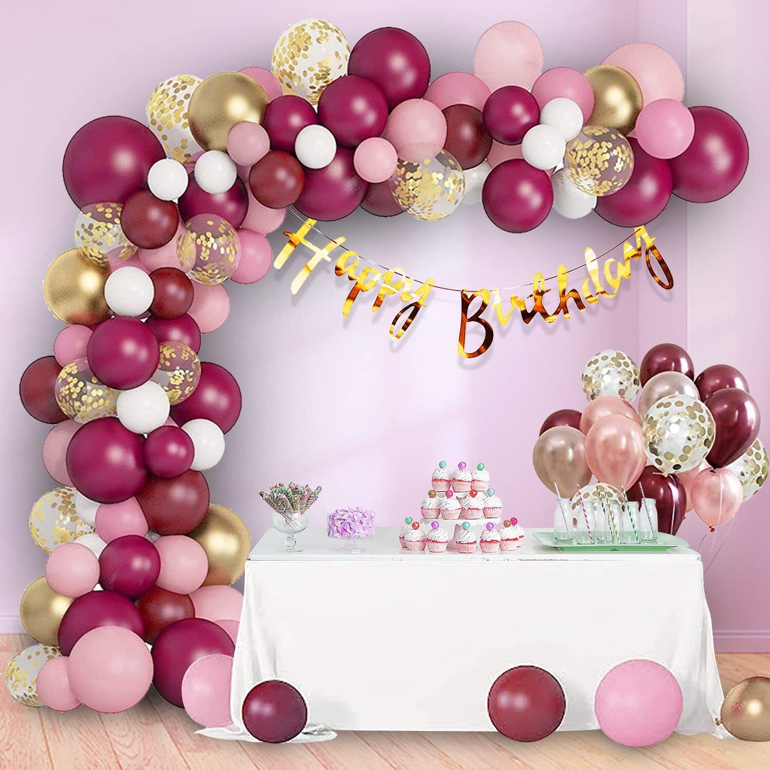 Solid Burgundy Pink Balloons girl birthday decoration kit, Light with Confetti Balloon