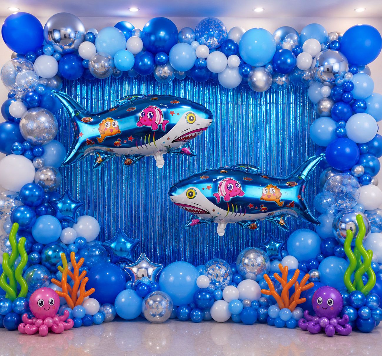 dinipropz Multicolor Shark Blue Balloon Kit | Confetti Star Curtain Decor For Kids Party-picture-32