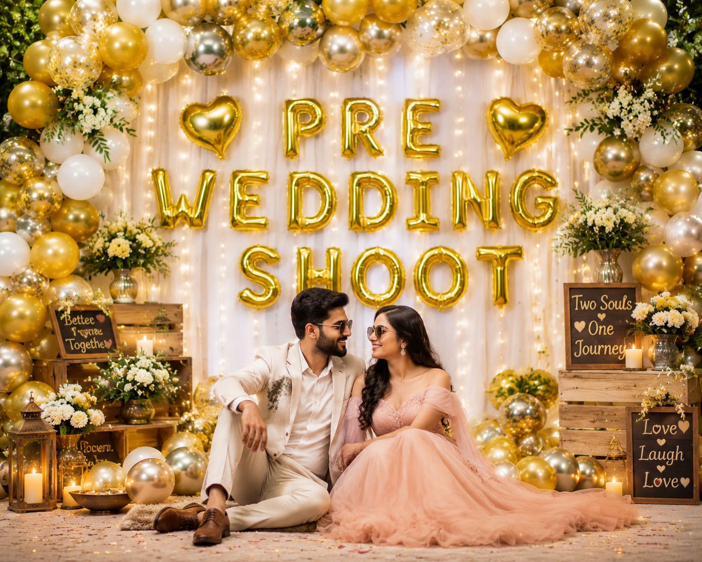dinipropz Multicolor Pre Wedding Shoot Gold Mylar Balloons Kit with Gold White Party Decoration-picture-34