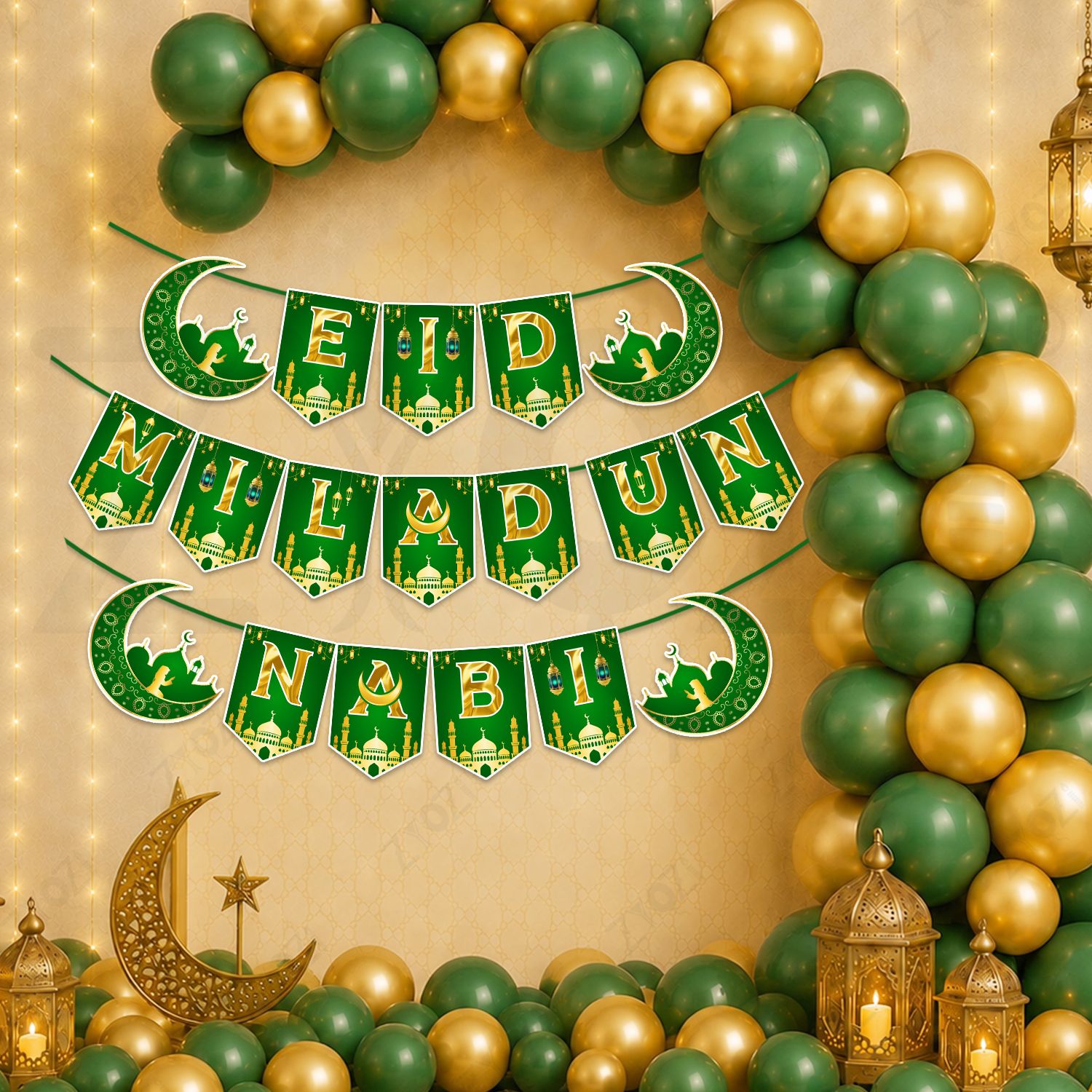 zyozi Green, Gold 78 Pcs Eid Milad Un Nabi Decorations Items with Eid Milad Paper Banner, Balloons-picture-32