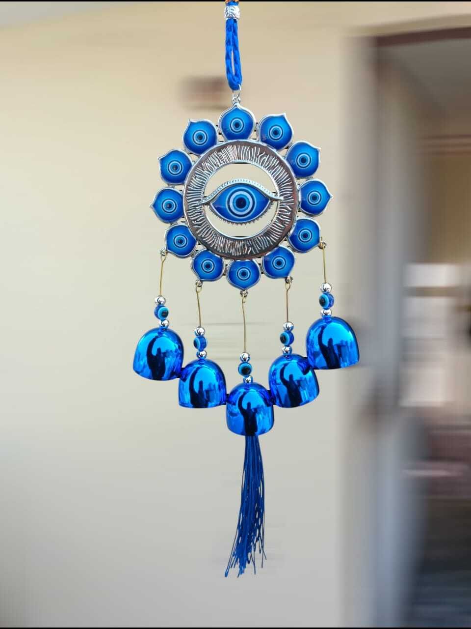 shukaam Sun Blue Evil Eye Wind Chime Wall Hanging for Home Decor & Nazar Protection Aluminium, Plastic, Jute Windchime-picture-38