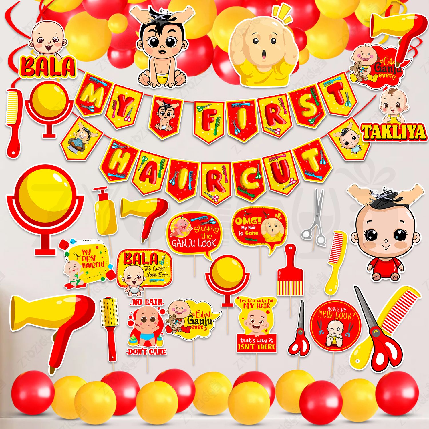 zyozique Red, Yellow 54 Pcs Baby's First Hair Cut Ceremony Decoration | Banner, Photo Booth, Balloons-picture-15