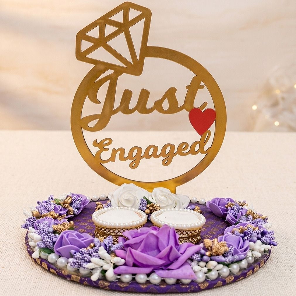 Premium Handcrafted Engagement Ring Platter with "Just Engaged" Gold Mdf Topper Wood Decorative Platter-image-5