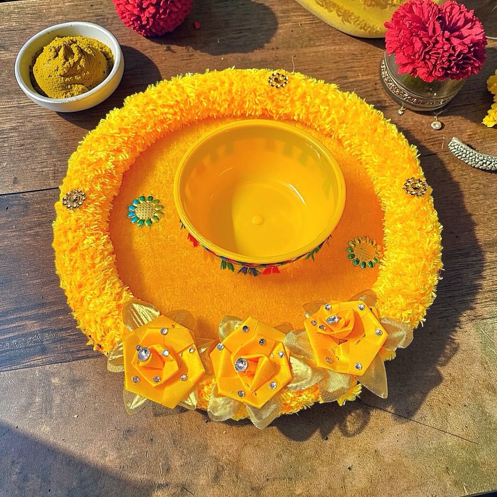 Haldi Ceremony Thali | Decoration Haldi Plate for Wedding function Cloth, Wood Decorative Platter-image-22