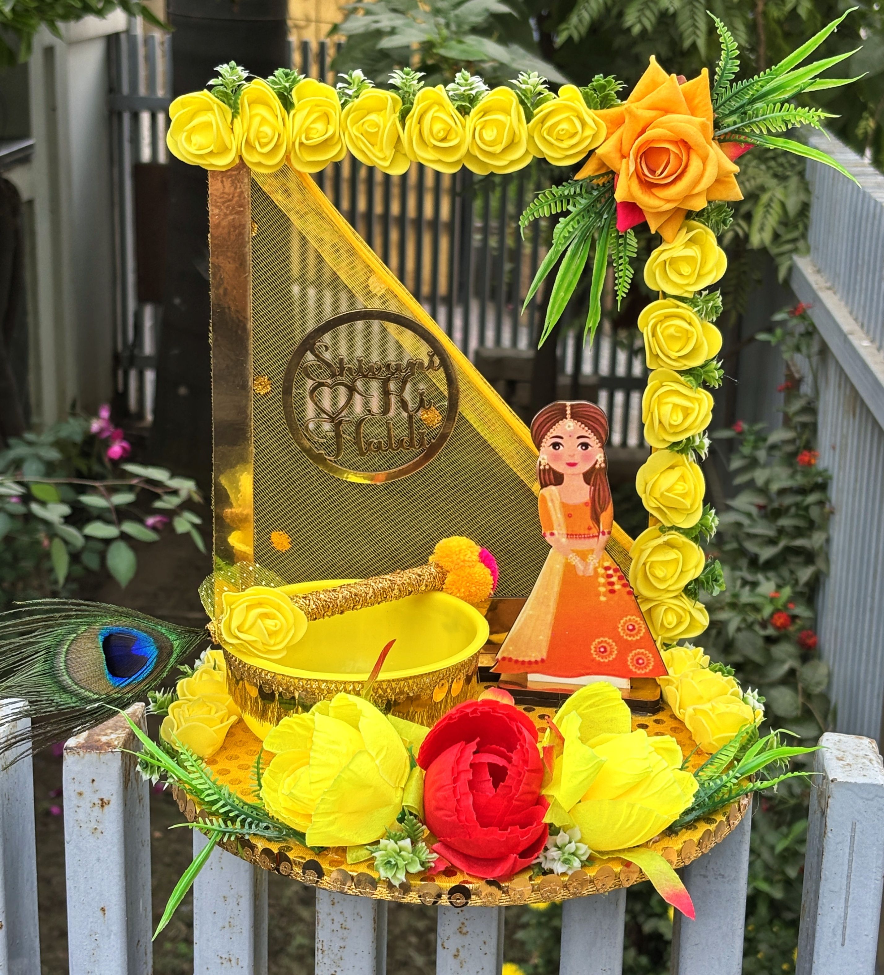 creative horizon Handcrafted Artificial Flower Haldi Platter With Name for shaadi Decor,Marriage Wood, Plastic Decorative Platter-picture-12