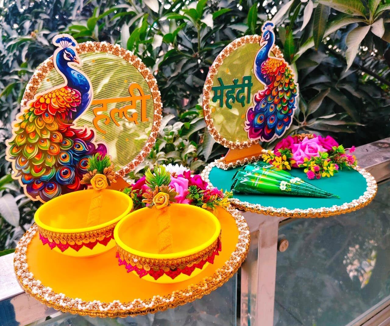 Beautiful Haldi Mehndi Combo Tray, 2 Bowl/2 Sticks/2 Mehendi /2 Cutouts(2 Plate) Wood Decorative Platter-image-26