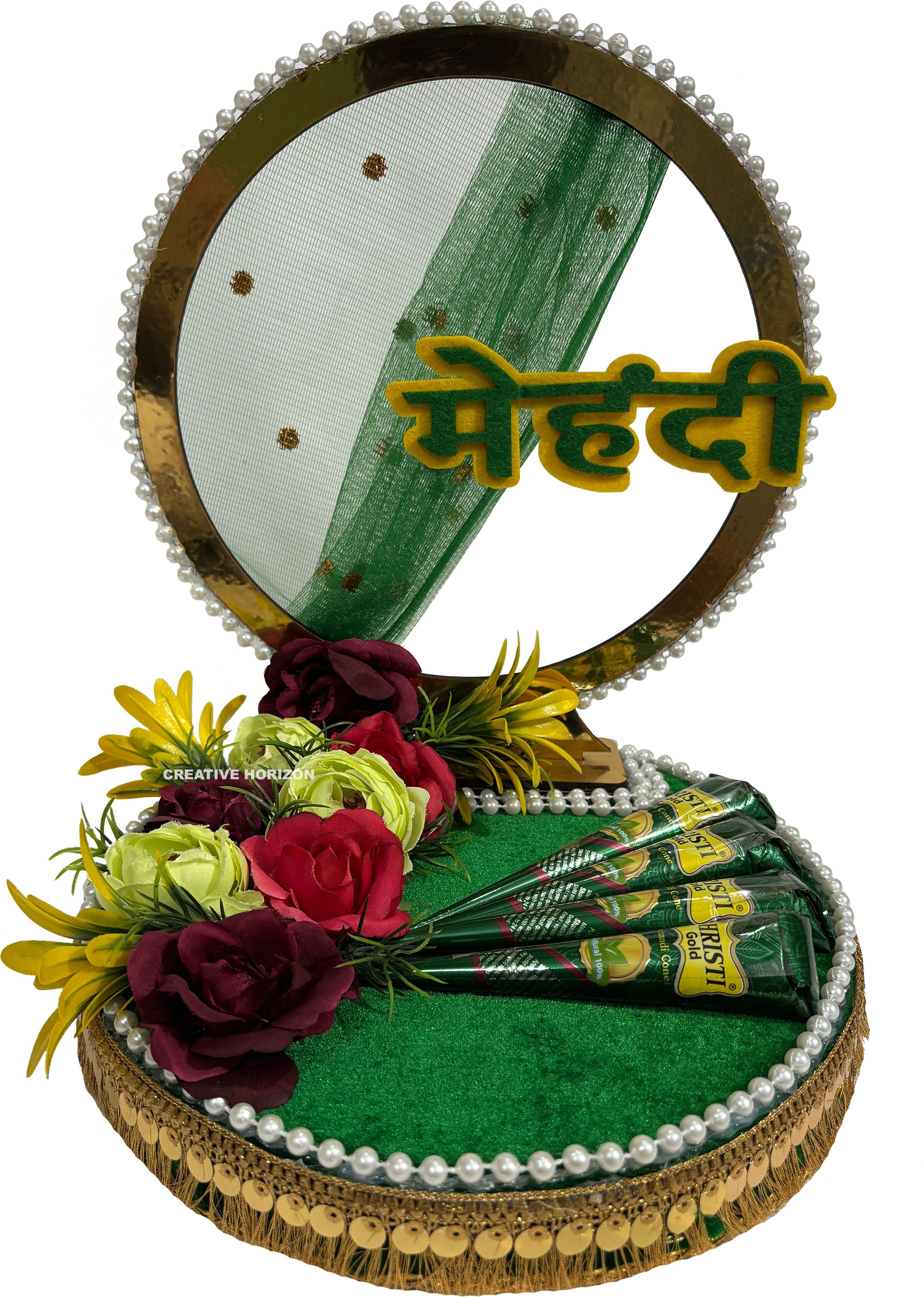 creative horizon Floral Design Mehndi Platters for Wedding with 4 Decorative Mehndi Cones Wood, Plastic Decorative Platter-picture-20