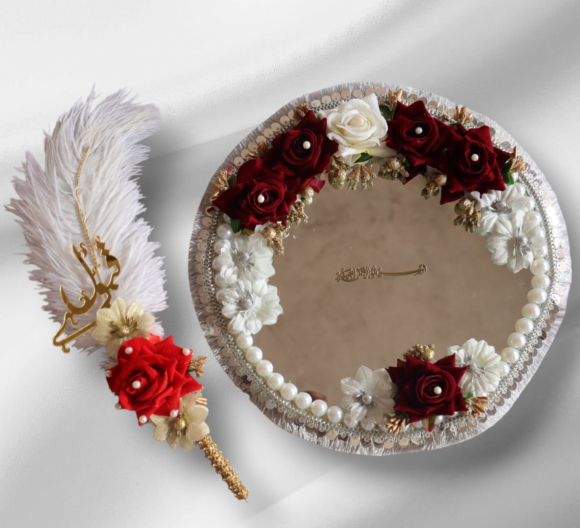 zaidi store Nikah Mirror with Qubool Hai Pen (Combo) For Bridal Wedding Ceremony Glass Decorative Platter-picture-17