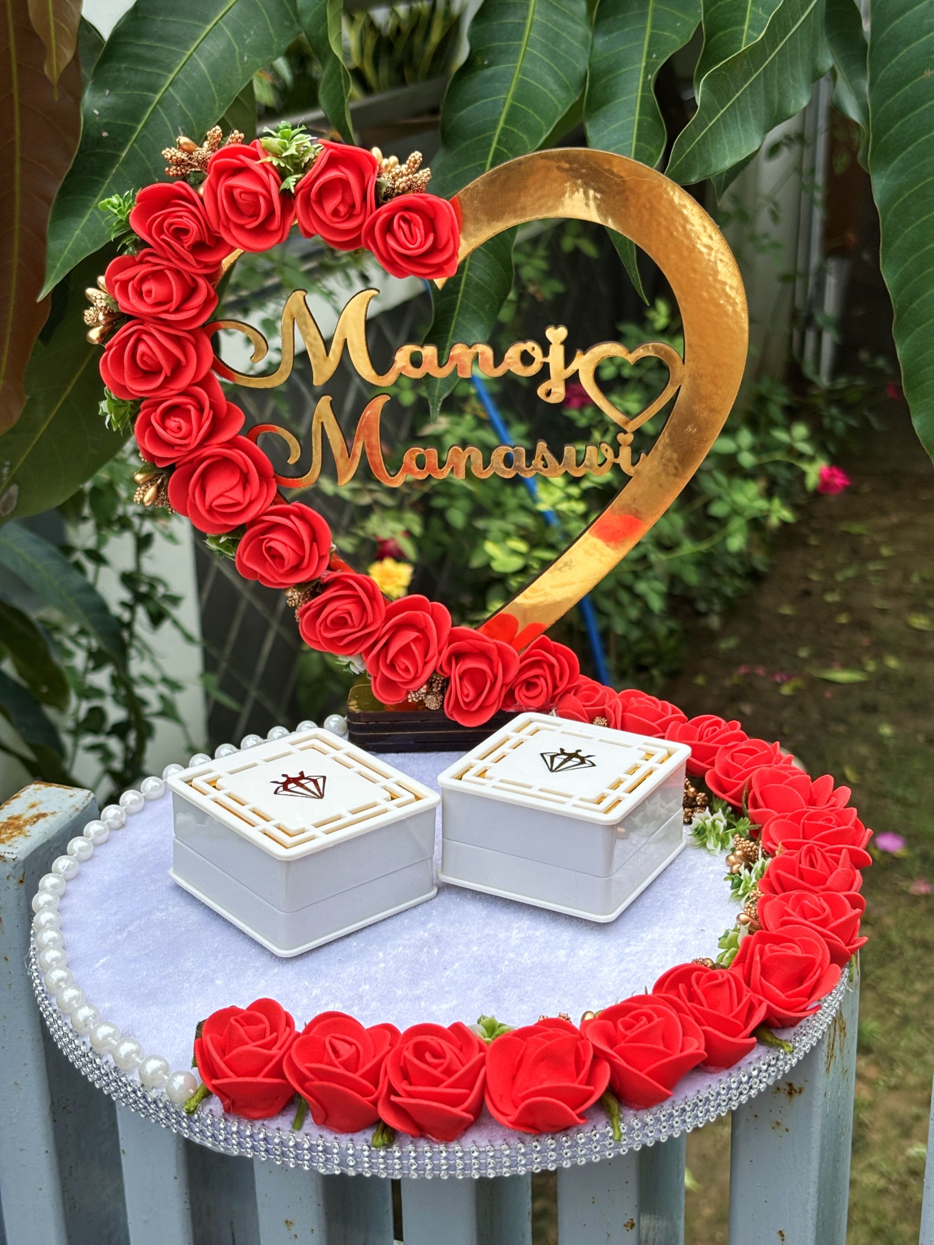 Artificial Flower Design Engagement Ring Tray Platter, Name Plate with Date Wood, Plastic Decorative Platter-image-21