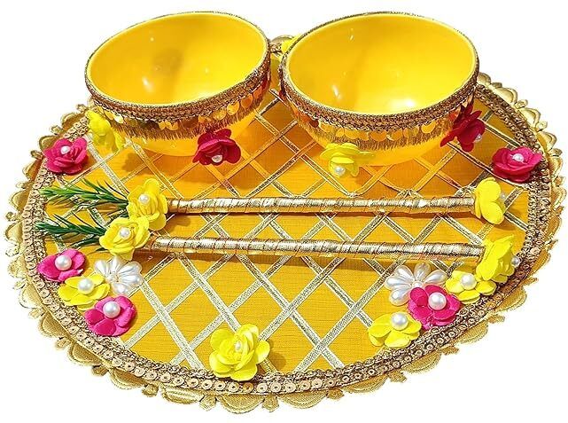 Haldi Plate\Platter, Round Decorated Wedding Tray for Haldi Ceremony Wood Decorative Platter-image-16