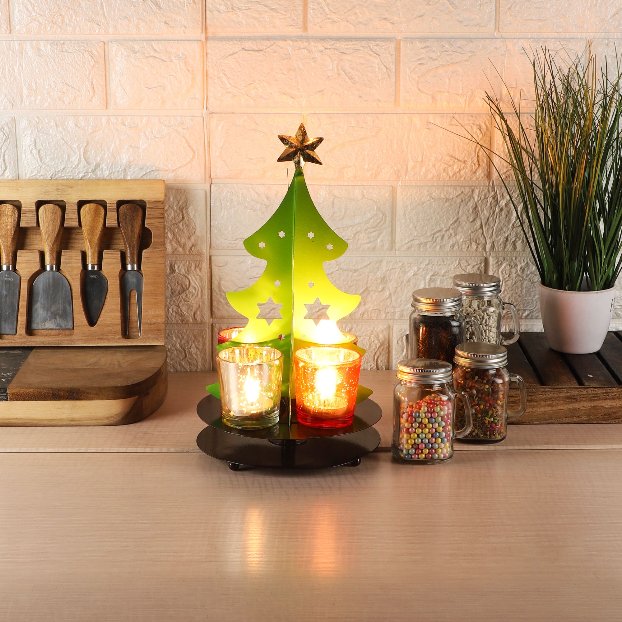Christmas Tree Tealight Holder & Platter Iron Decorative Platter-image-45