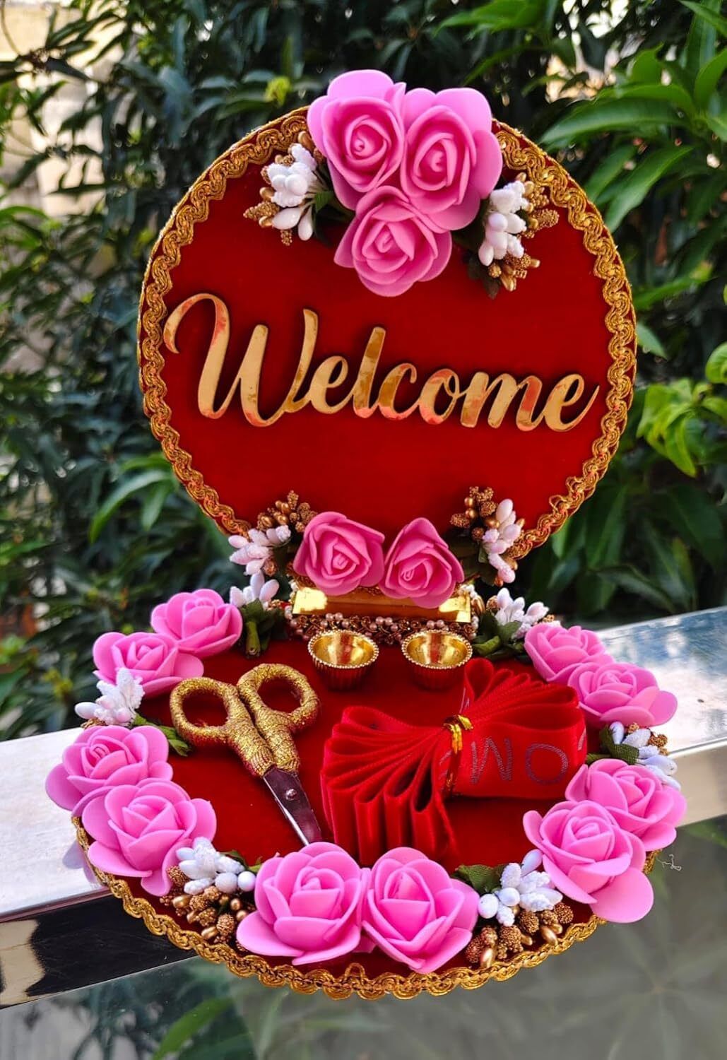 Welcome Tray for Guests | Ribbon Cutting Wedding Tray | Gift for Bride and Groom Wood Decorative Platter