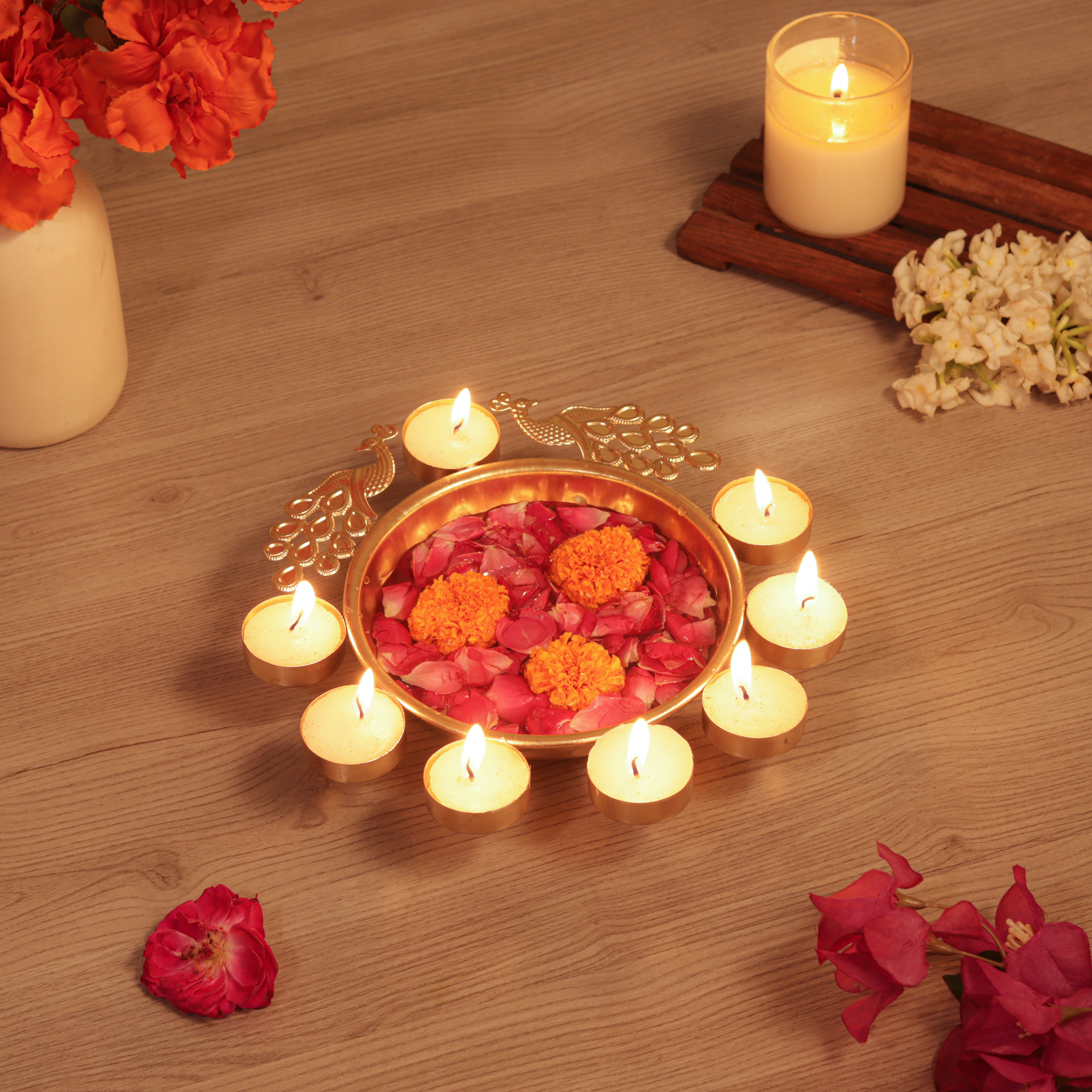 Peacock Design Urli | Floating Flowers Bowl Iron Decorative Platter-image-12