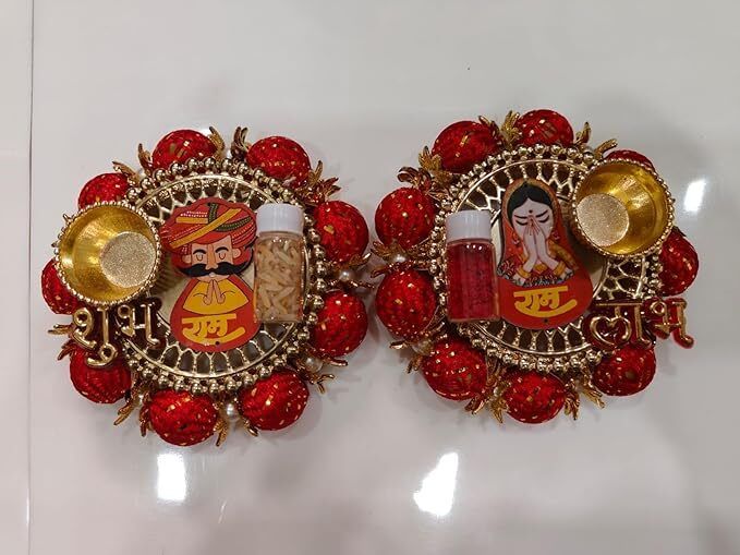 Handmade Gota Ball Chudi Wooden Ram Ram Ji Shubh Labh Plates (Red) Wool, Wood Decorative Platter-image-29