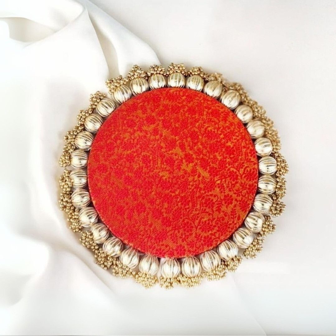 satyam kraft 1 Pcs Jhumkhi Handmade Gota Patti Work Platter with Golden Moti for Rakhi Gift Wood Decorative Platter-picture-23