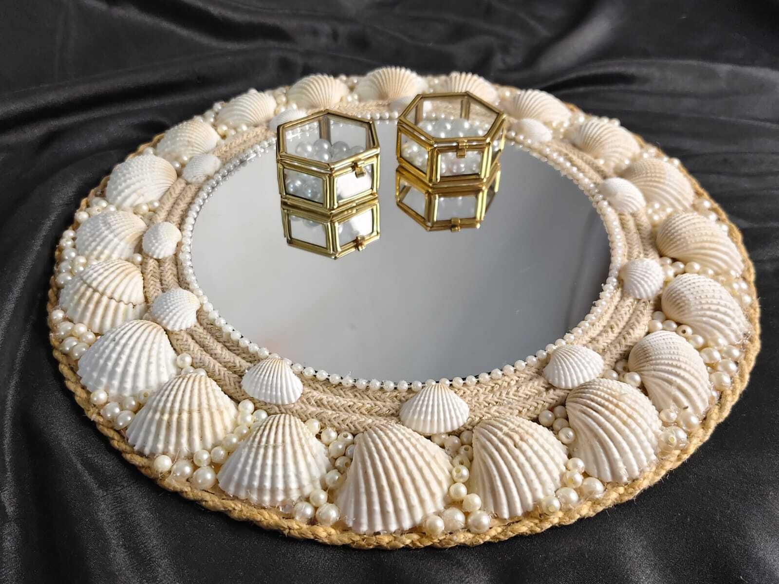looking mirror ring platter with 2 glass ring holder wood decorative platter