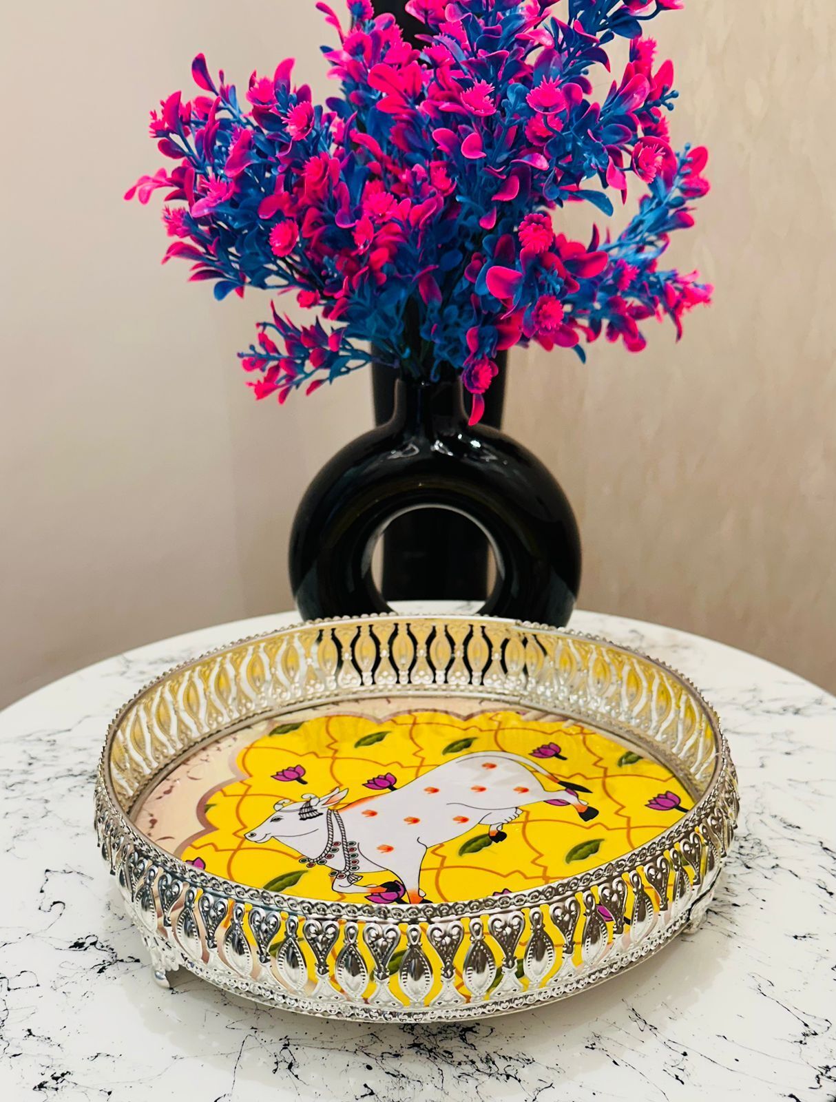 German Silver Pichwai Art Kamdhenu Serving Tray 10Inch diameter Silver Plated Decorative Platter-image-10