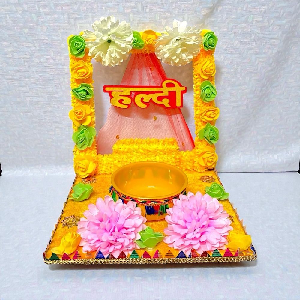 Haldi Ceremony Decoration Thali Set for Wedding | Haldi Rasam Pooja Plate Wood Decorative Platter-image-25