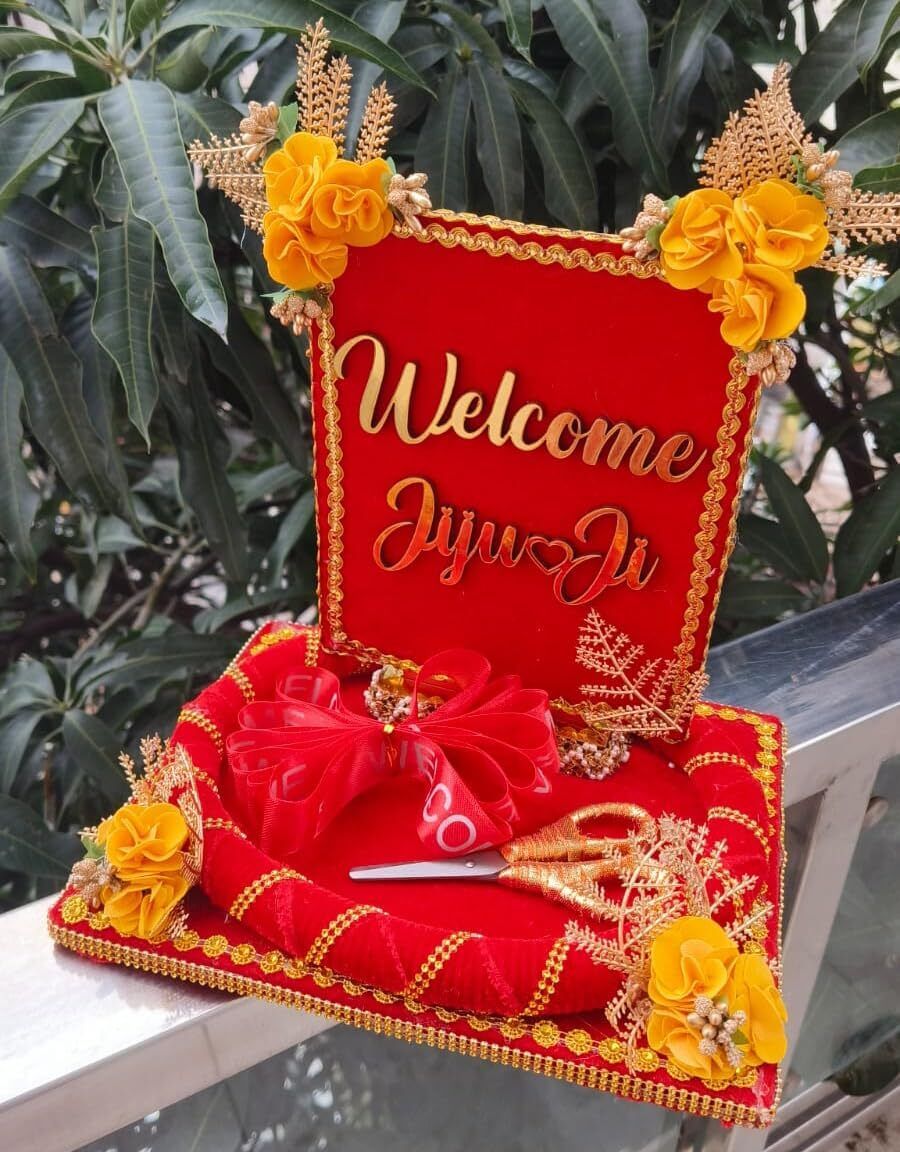 welcome tray for jiju | ribbon cutting tray | elegant red & golden cotton decorative platter
