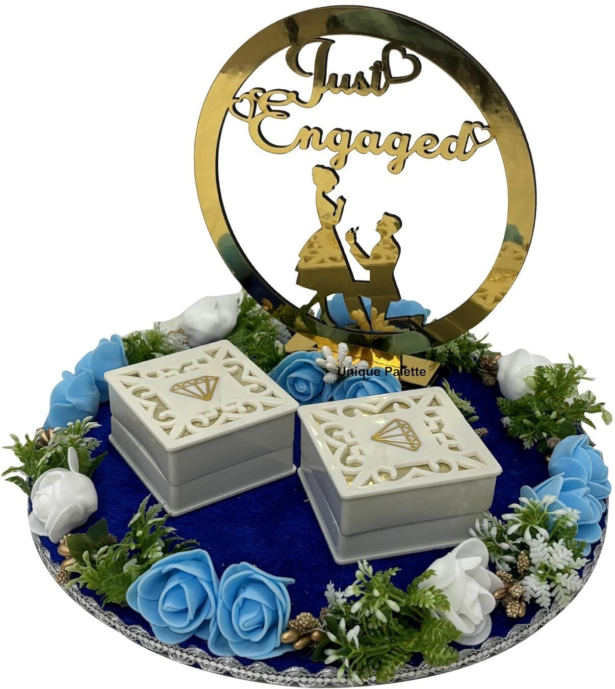 blue engagement tray | wedding decor | 2 ring boxes | just engaged design wood decorative platter