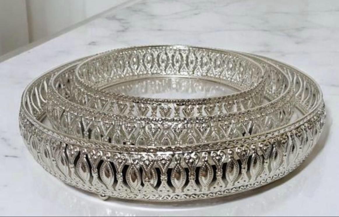 German Silver Plated Decorative Serving Tray Set (Set of 3) Tray
