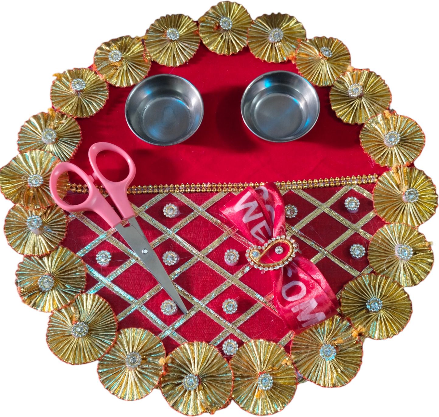 mamta collection Welcome Ribbon Cutting Thali | Puja Thali for Wedding Wood Decorative Platter-picture-10