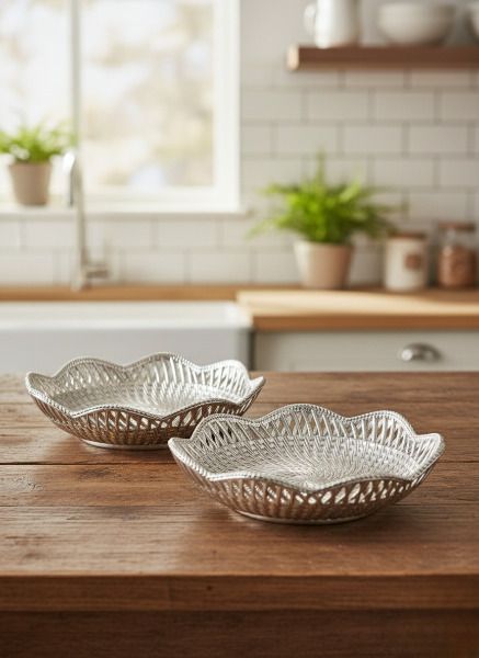 Decorative Silver Woven Bowl Set | Lightweight Plastic Serving Bowls (Set of 2) Plastic Decorative Platter-image-7