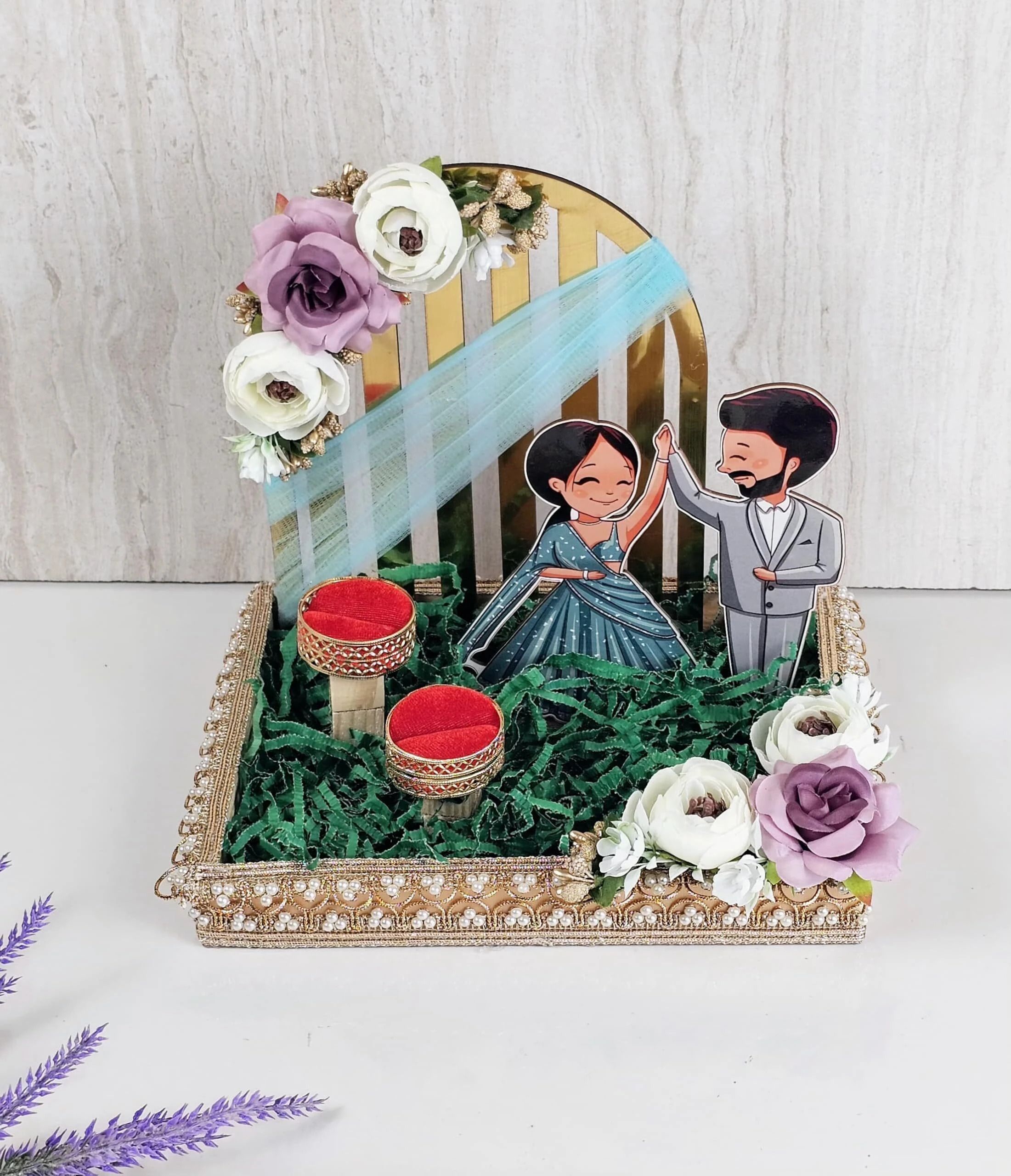 1 Pcs Handcrafted Engagement Ring Holder for Wedding, Bride-Groom Ceremony Wood Decorative Platter