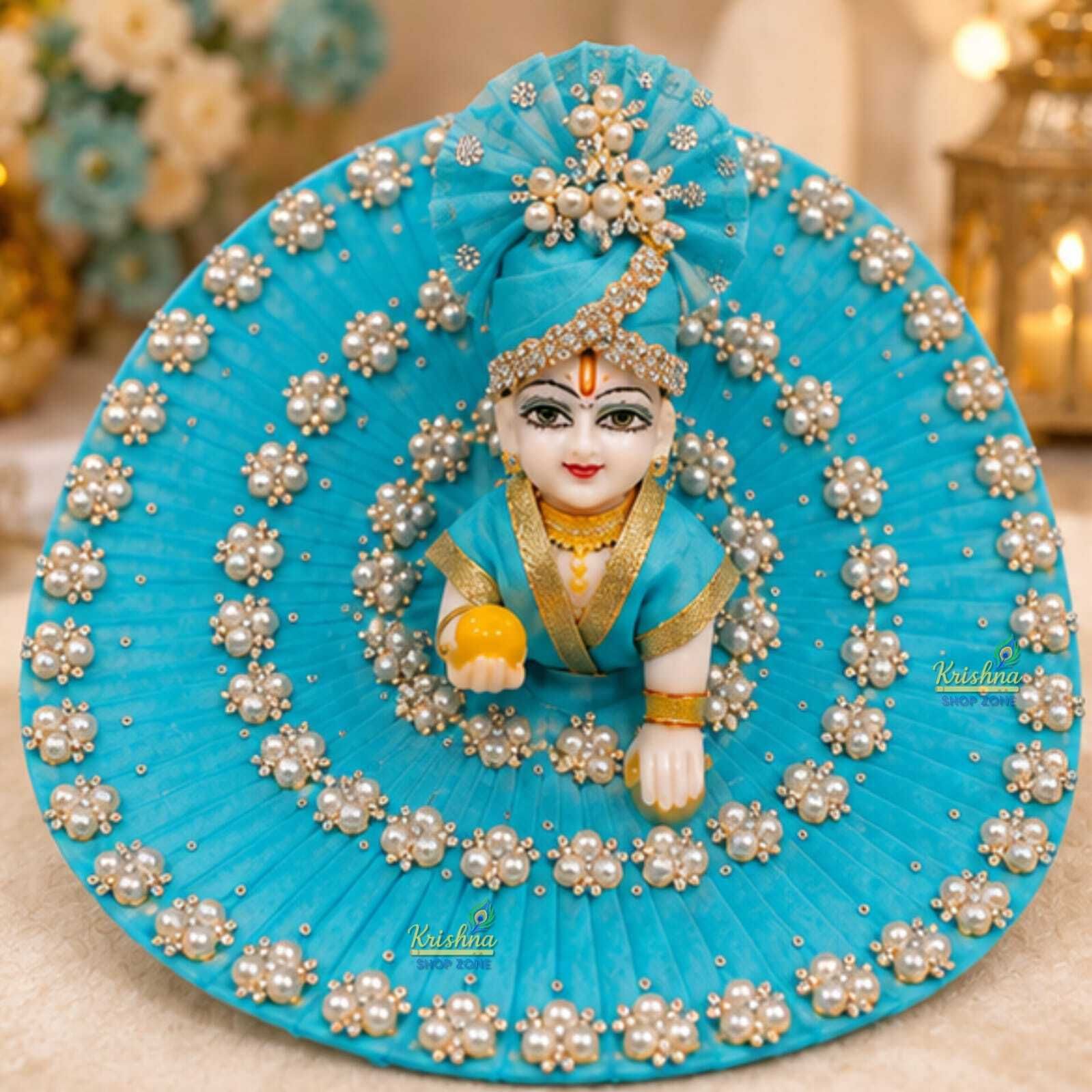 Size-2, Laddu Gopal Ji Sky Blue Heavy Stone Work Poshak with Pagdi Dress-image-37