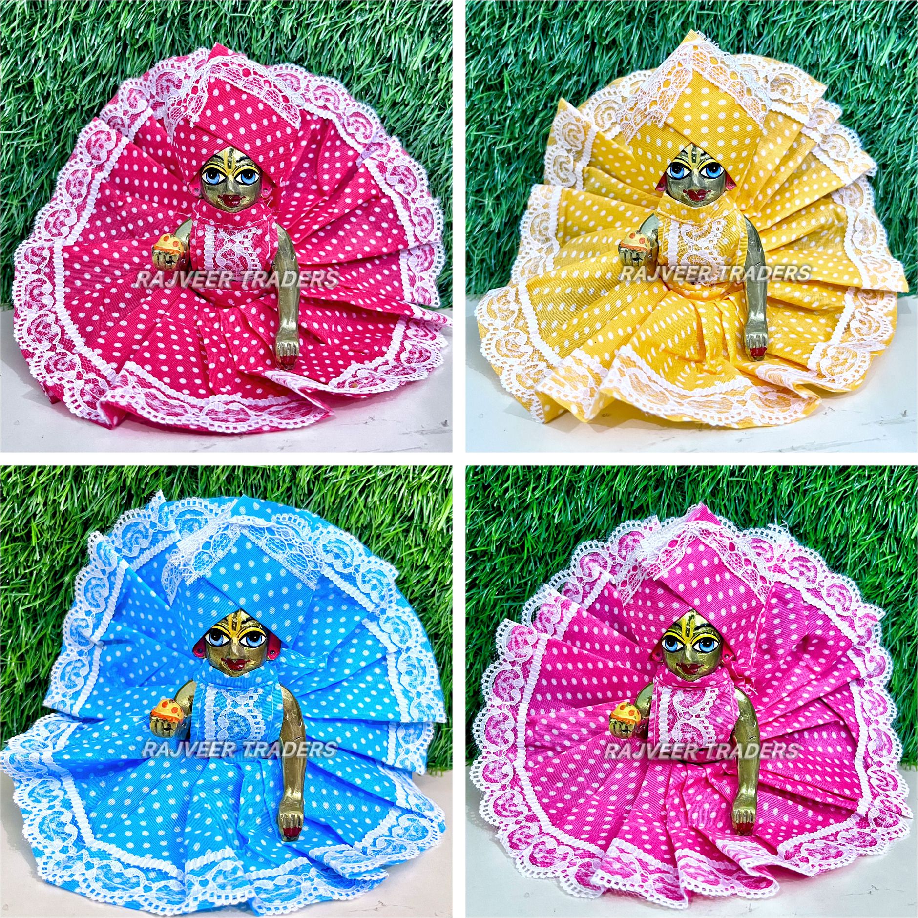 Size-4, Laddu Gopal Polka Dot Print Designer Frock with Lace Border, Random Colour Dress-image-6