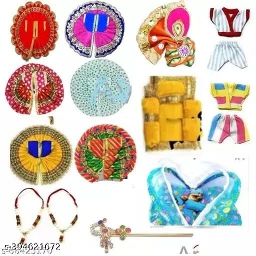 Combo of Laddu Gopal 6 Poshak2 mala1 aasan1 Nightsuit,Bansi,Pagdi,NetBed size 0 Dress