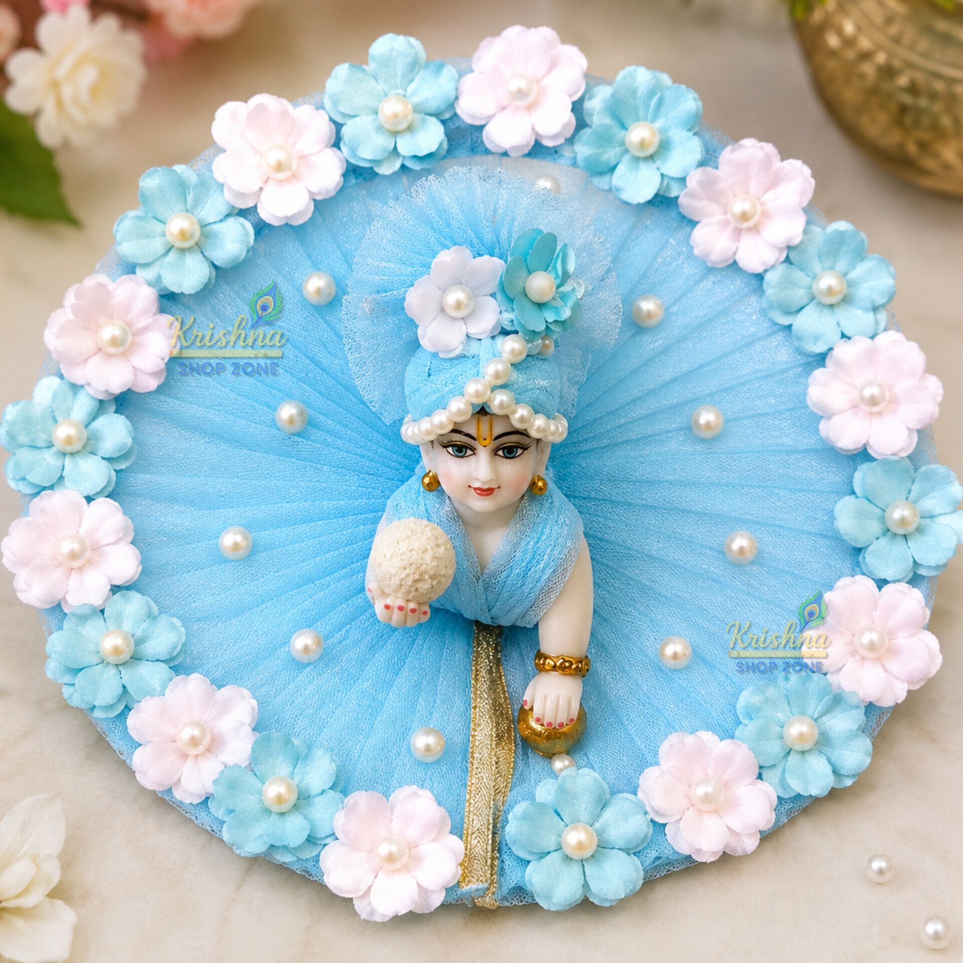 krishna shop zone Size-3, Janmashtami Special Laddu Gopal Ji White Sky Flower Poshak, Matching Pagdi Dress-picture-41