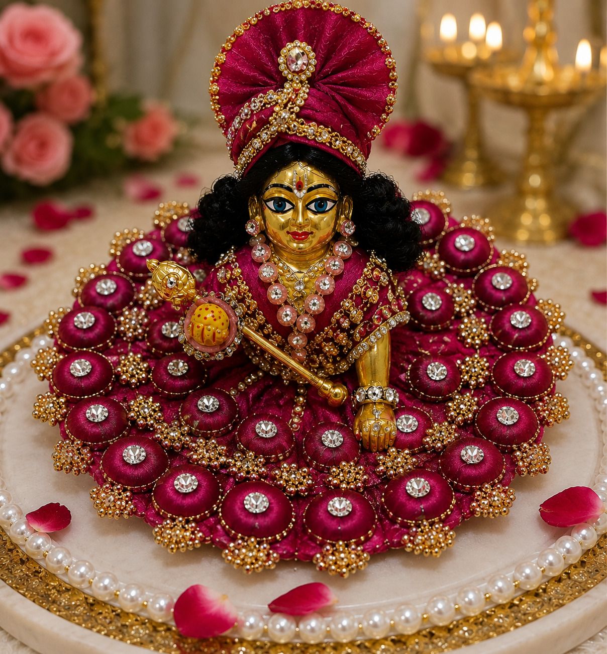 Designer Rani Pink Kanha Ji Poshak with Golden Lace & Pearl Work Dress-image-43