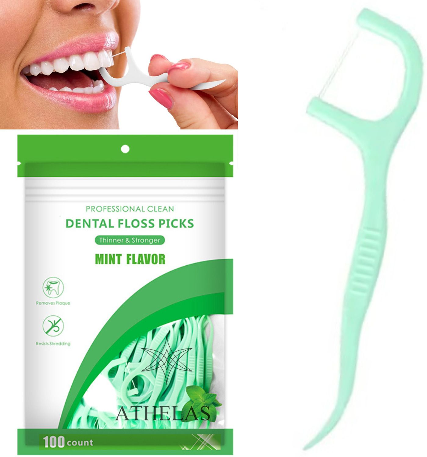 athelas Premium Pack of 100 Dental Floss Picks Mint 3 in 1-picture-27
