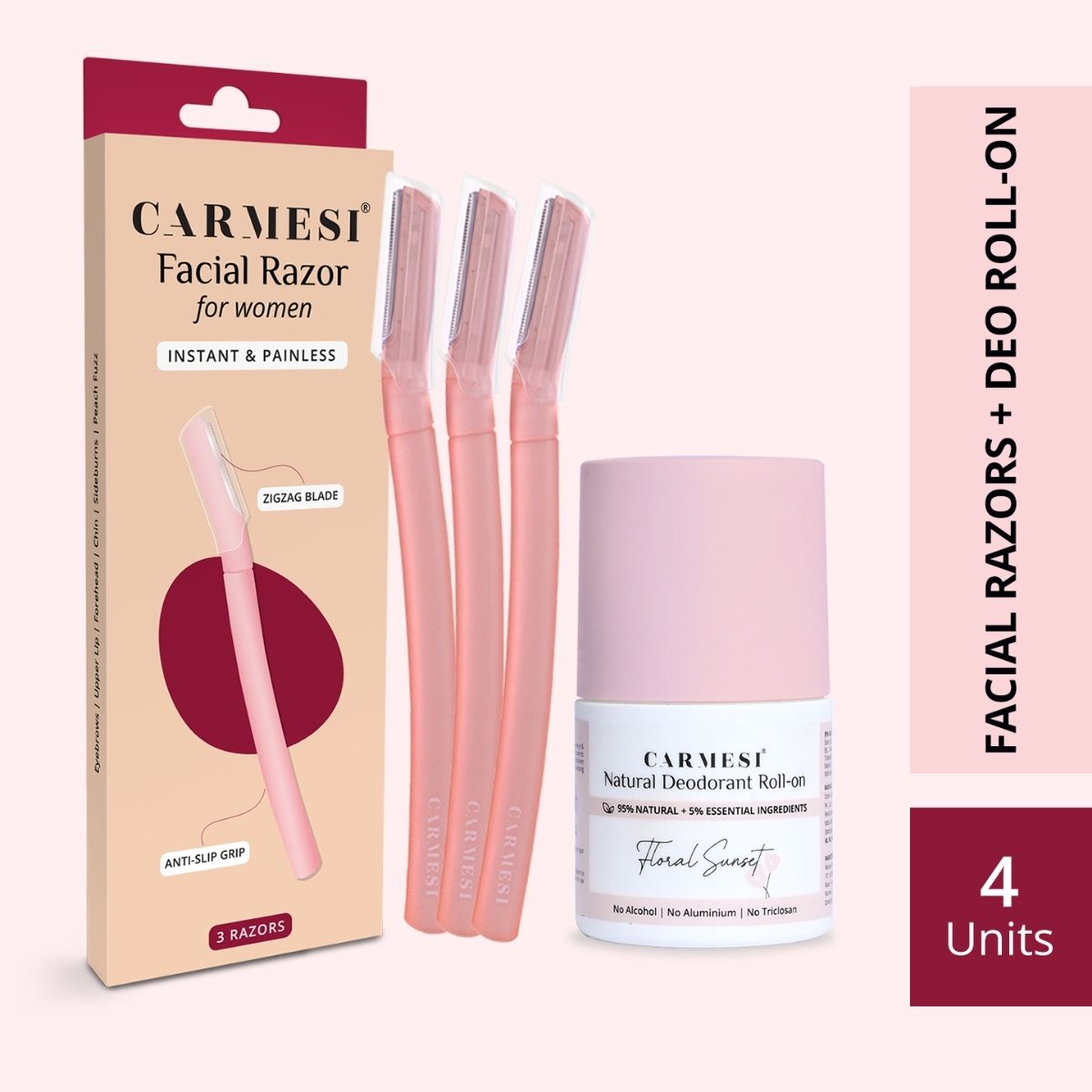 Facial Razor - Pack of 3 & Underarm Roll On Deodorant - Floral Sunset (50 ml) Deodorant Roll-on - For Women-image-1