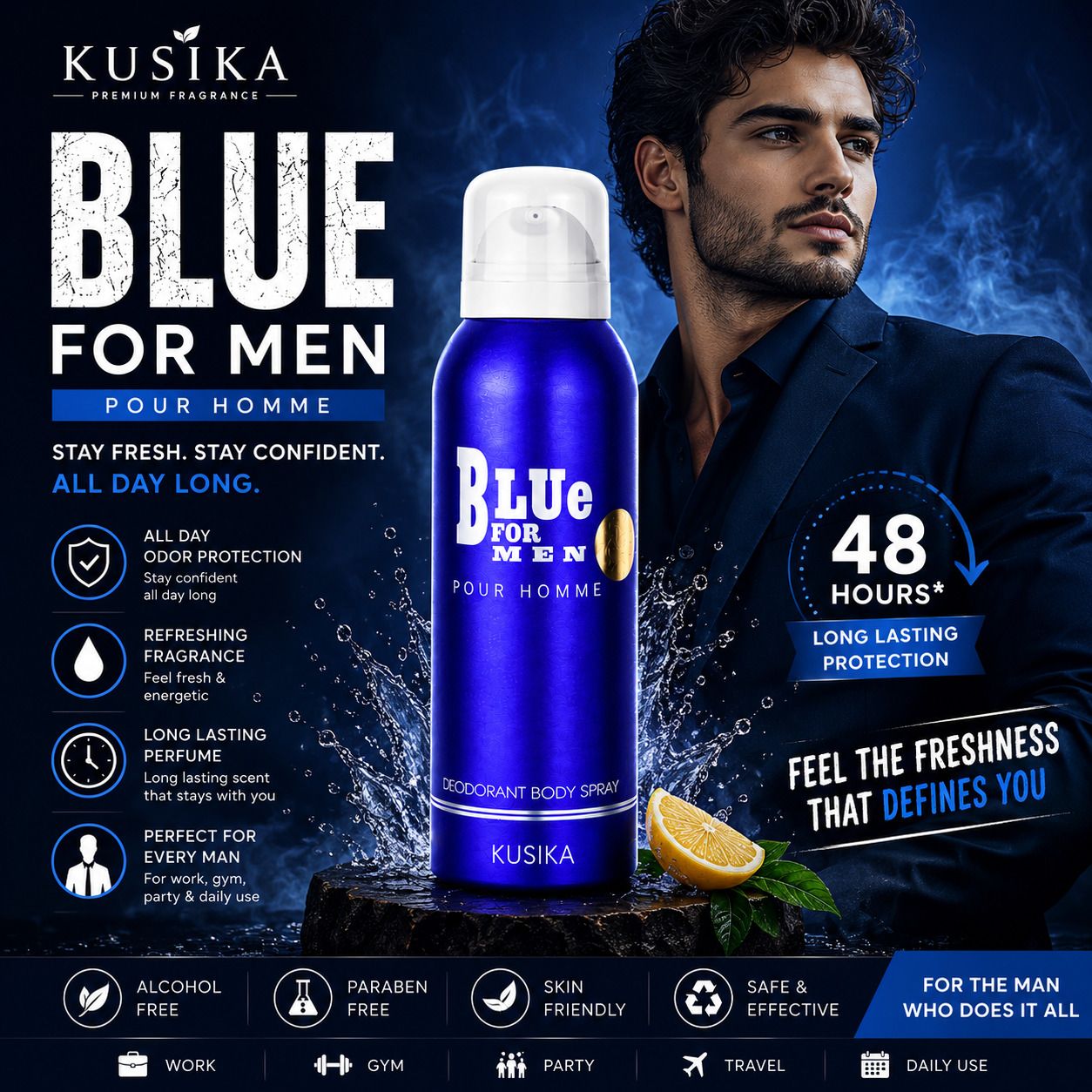 kusika Blue For Men Long Lasting | 48H Odor Protection Daily Use Deo Deodorant Spray - For Men-picture-18