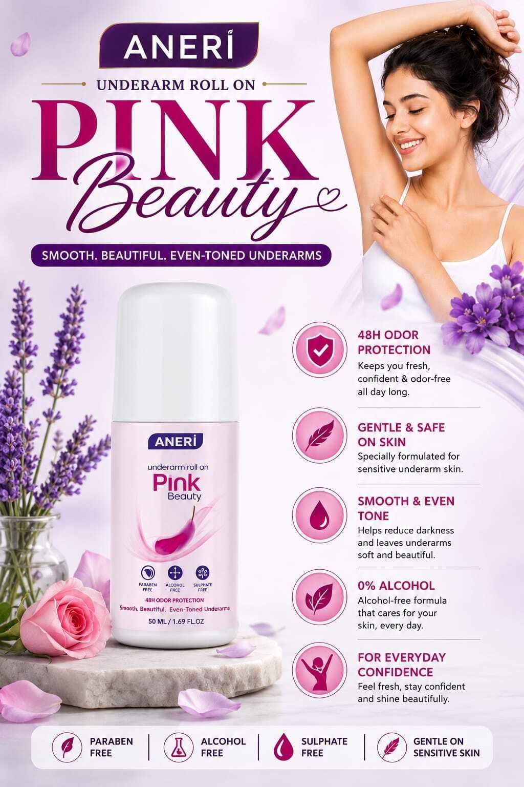Pink Beauty Under Arm Roll On Long Lasting Freshness Alcohol Free for Women Deodorant Roll-on - For Women-image-17